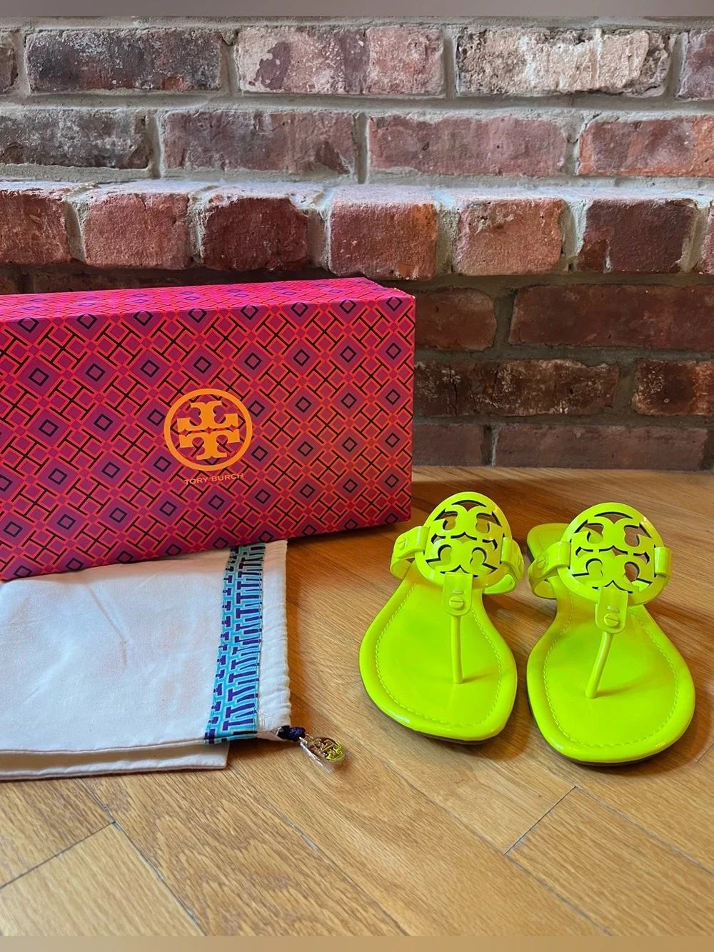 Tory Burch Neon Fluorescent Yellow Patent Leather Miller Sandals